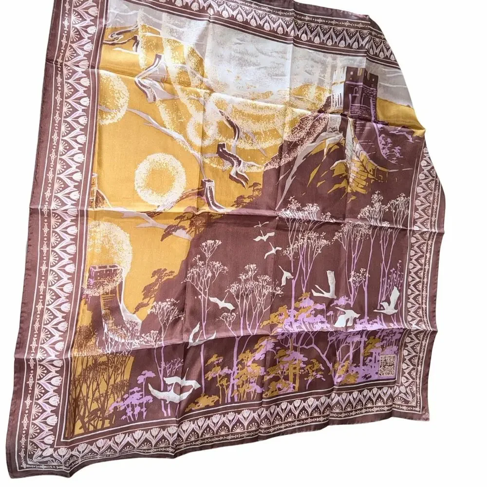 Vintage silk Great Wall of china asian scarf square oriental birds cranes